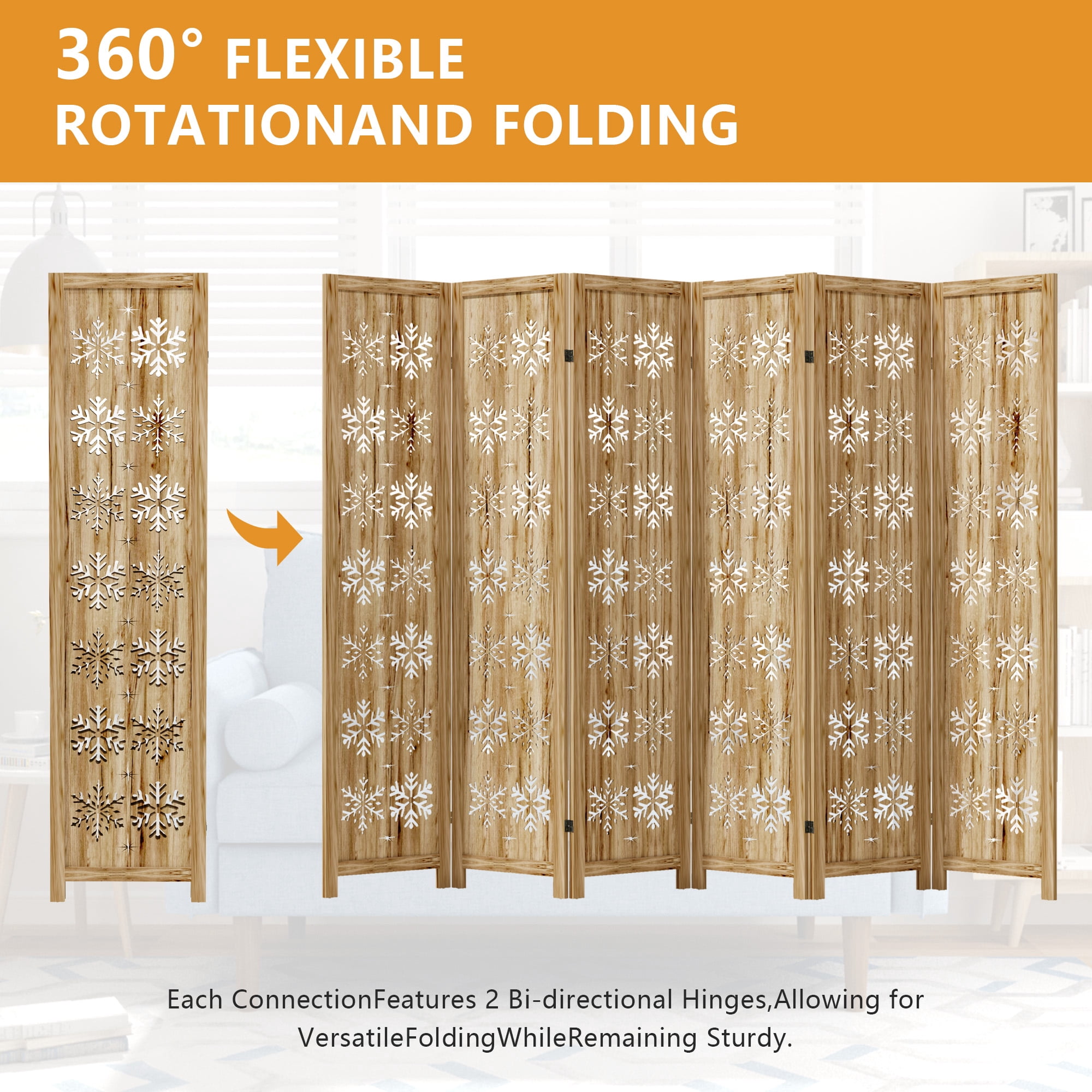 MAYEERTY 6-Piece 67×16" Natural Wood Privacy Panel Screen for Living Room, Snowflake Pattern