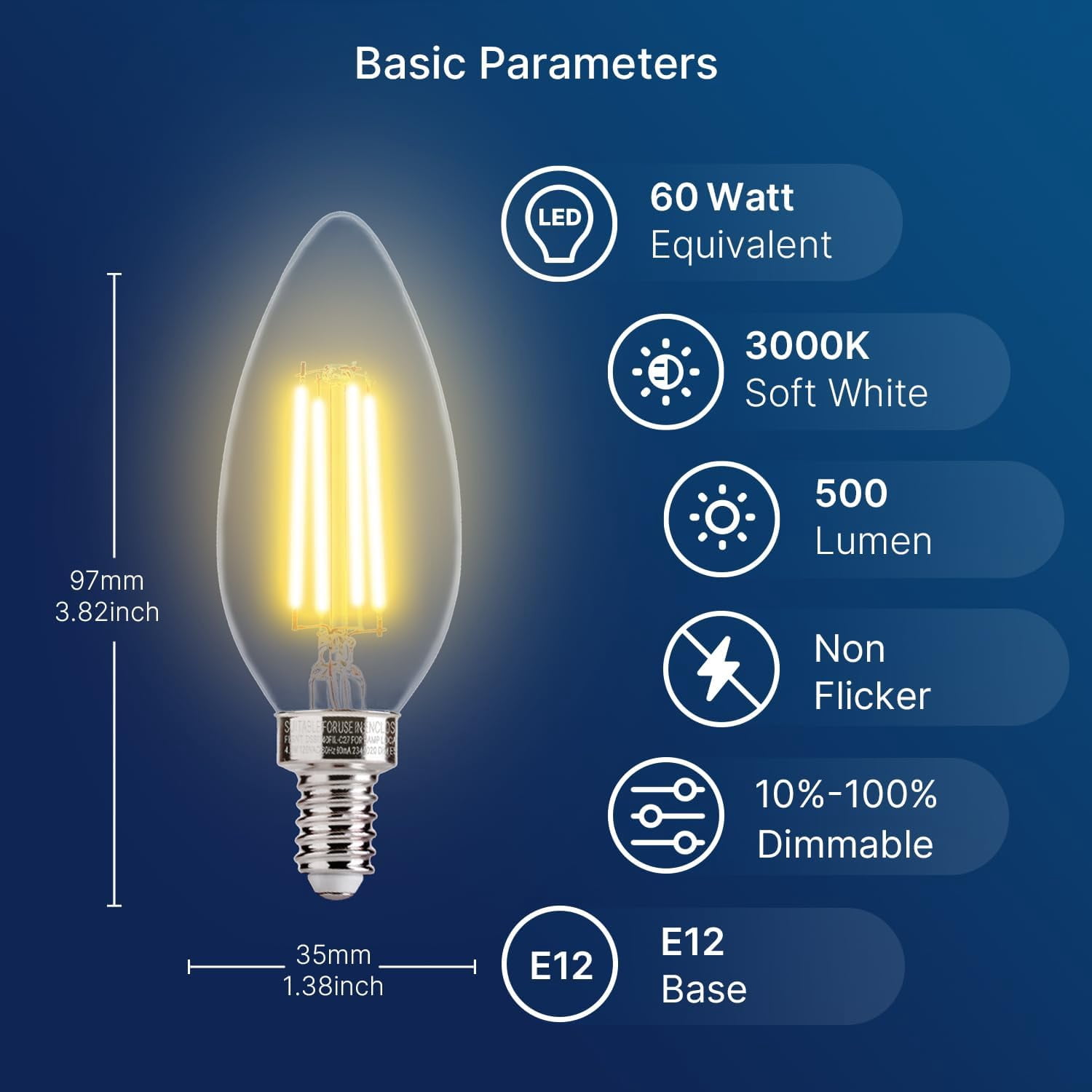 JJEAN-60W Equivalent LED Chandelier Light Bulbs, Dimmable LED B11 E12 Candelabra Base Bulbs, 3000K Warm White, 500LM, 6 Pack