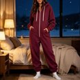 thumbnail image 2 of Women's Fleece Lined Hooded Jumpsuit Long Sleeve Zip Up One Piece Tracksuit Loose Fit Soft Warm Cozy Fall Winter Loungewear Y2K Streetwear with Pockets Wine, 2 of 7