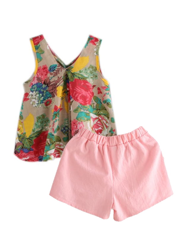 2PCS Toddler Kids Baby Girl Cotton Linen Floral T-shirt Tops Shorts Outfits Set