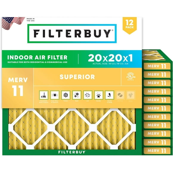 Filterbuy 20x20x1 MERV 11 (MPR 1200) Allergen Defense, Pleated HVAC AC Furnace Air Filters (12-Pack)