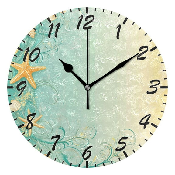 Wall Clock 10 Inch Battery Operated Clocks Living Room Decor, Silent Non-Ticking for Living Room Home Kitchen office Clock Starfish and Shells