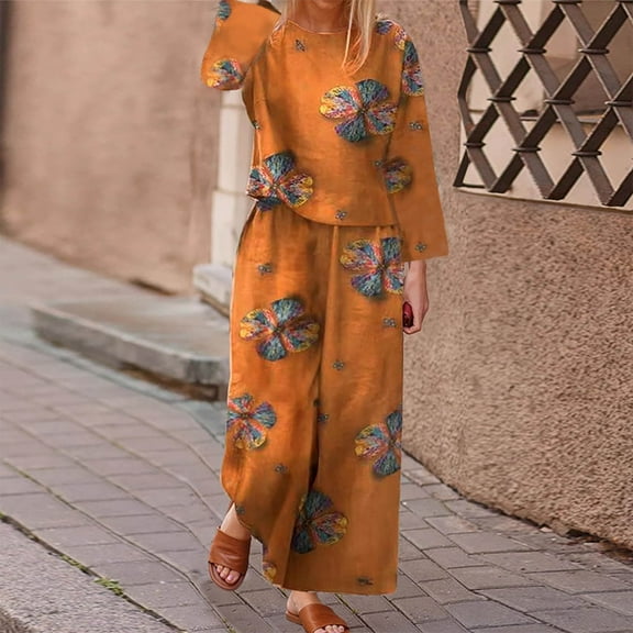 Wancir Womens 2 Piece Outfits Linen Long Sleeve Crop Top and Wide Leg Pants Summer Boho Print Beach Lounge Matching Set