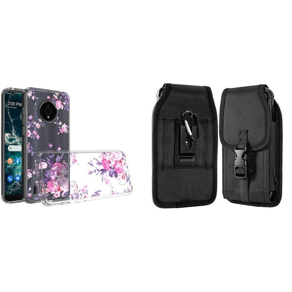 Case and Pouch Bundle for Nokia C200: Slim Series TPU Protector Case (Pink Flowers) and Vertical Nylon Buckle Belt Holster