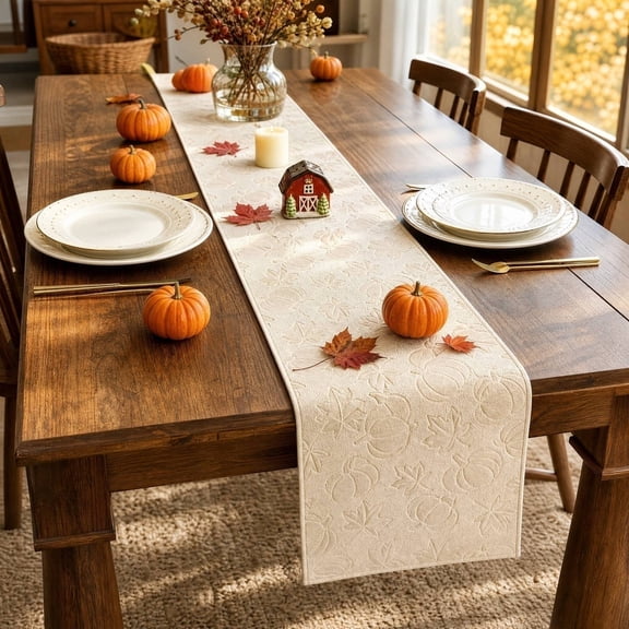 Autumn Table Runner, Orange Pumpkin Maple Leaf Stripes Fall Plush Table Runner, Seasonal Autumn Kitchen Dining Table Decoration for Home Party Decor 13x72 Inch