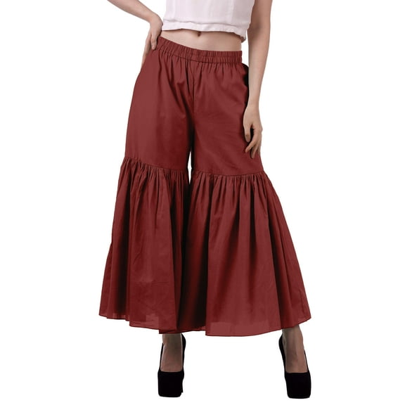 Moomaya Women's Elastic Waist Sharara Pants Cotton Loose Solid Color High Waist Dance Bottom
