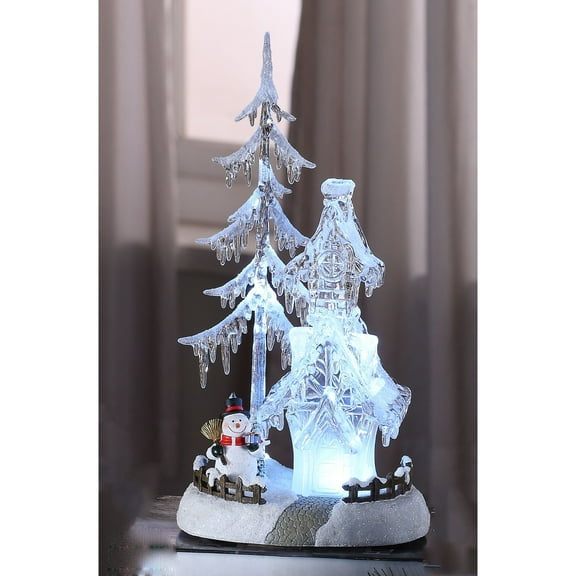 13" White and Brown Snowman Forest House and Tree LED Lighted Glass Christmas Tabletop Decor