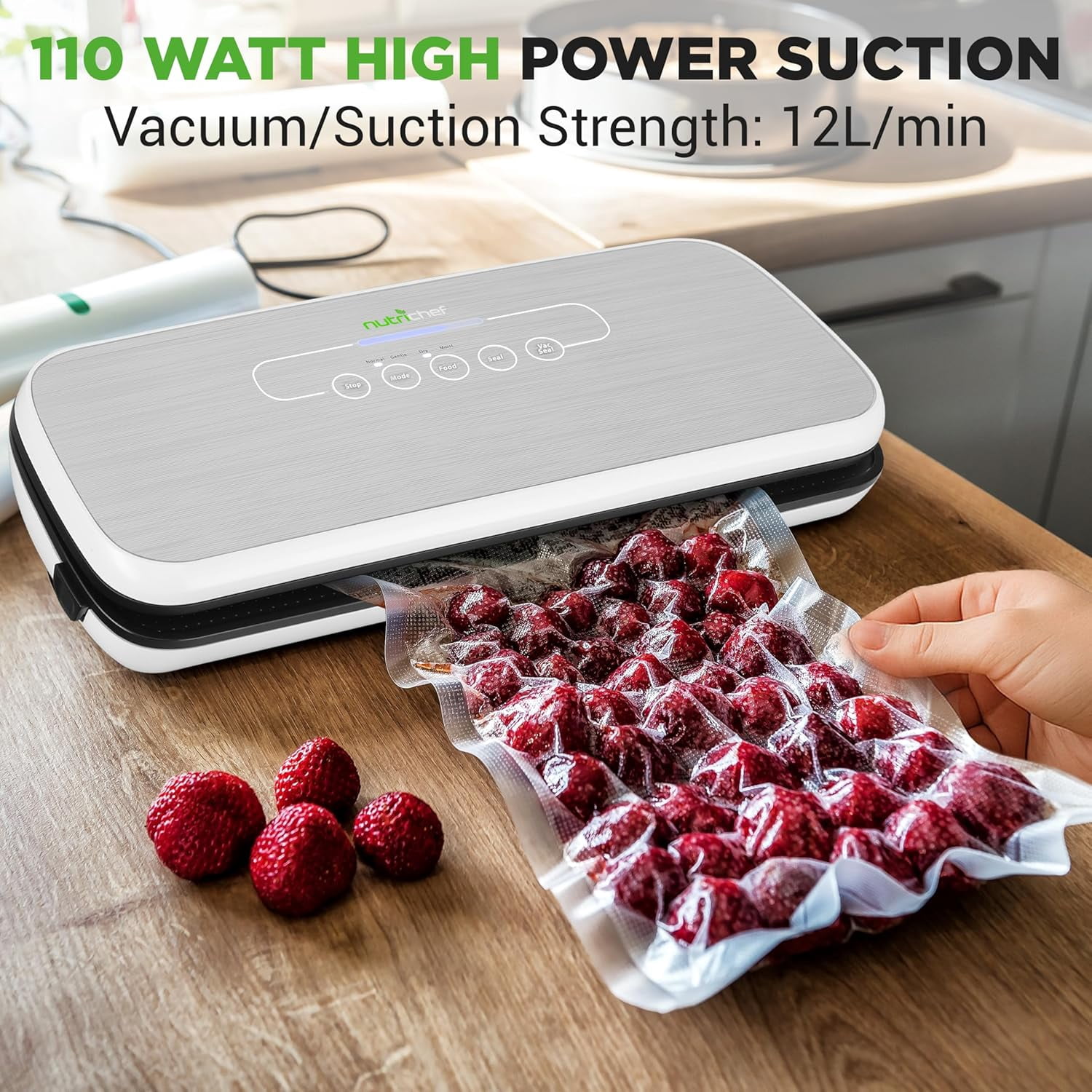 Food Vacuum Sealer Machine - Automatic Air Sealing System for Dry & Moist Foods, LED Touch Controls, Includes Vacuum Bags, Hose & Wine Stopper, High Suction Power, 14"x6"x3", Silver