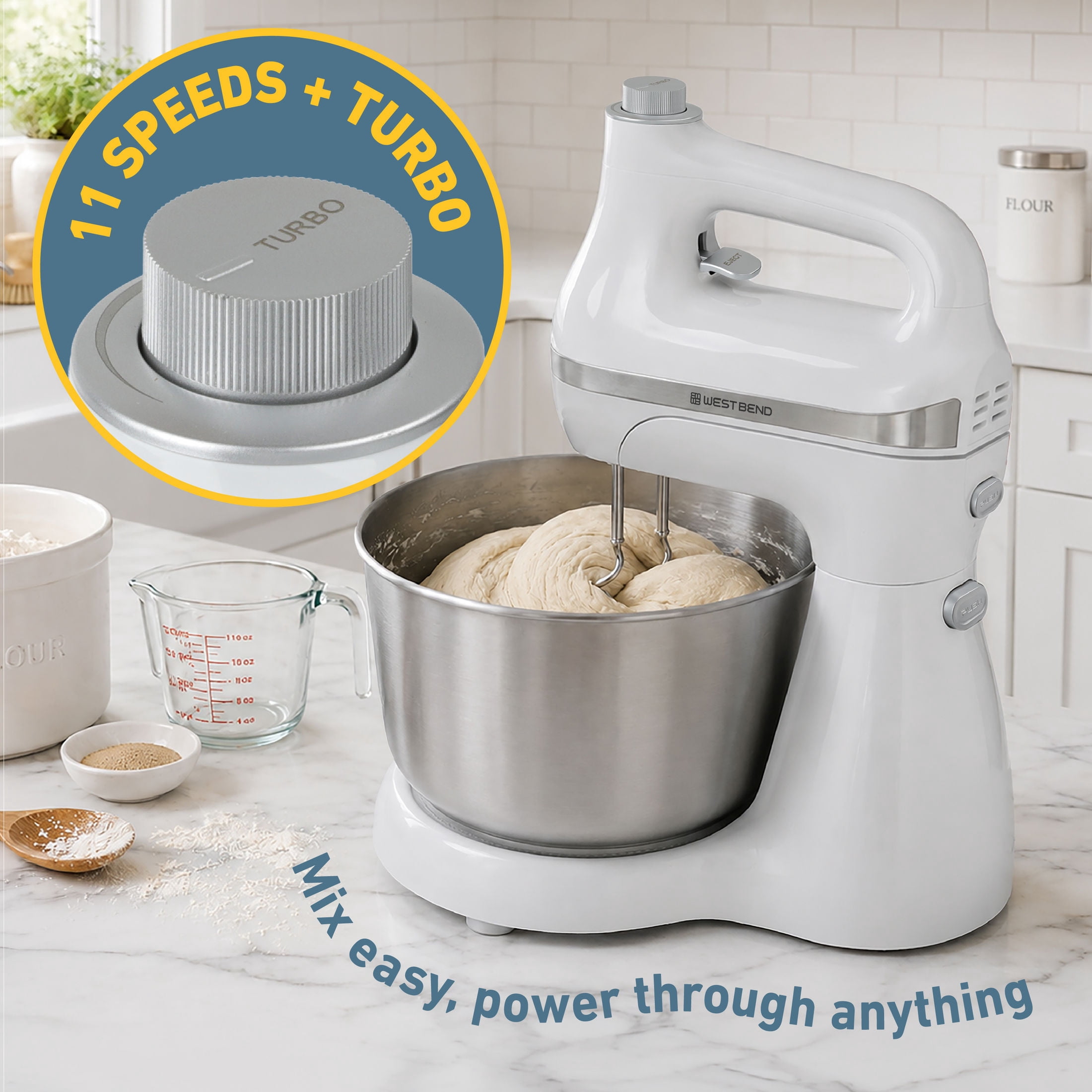 West Bend Two Sweet 2-in-1 Mixer, 4.4 Qt Capacity, Hands-Free Stand or Hand Mixer, 11 Speeds, Stainless Steel Bowl, in White (SMWB2N1WH13)