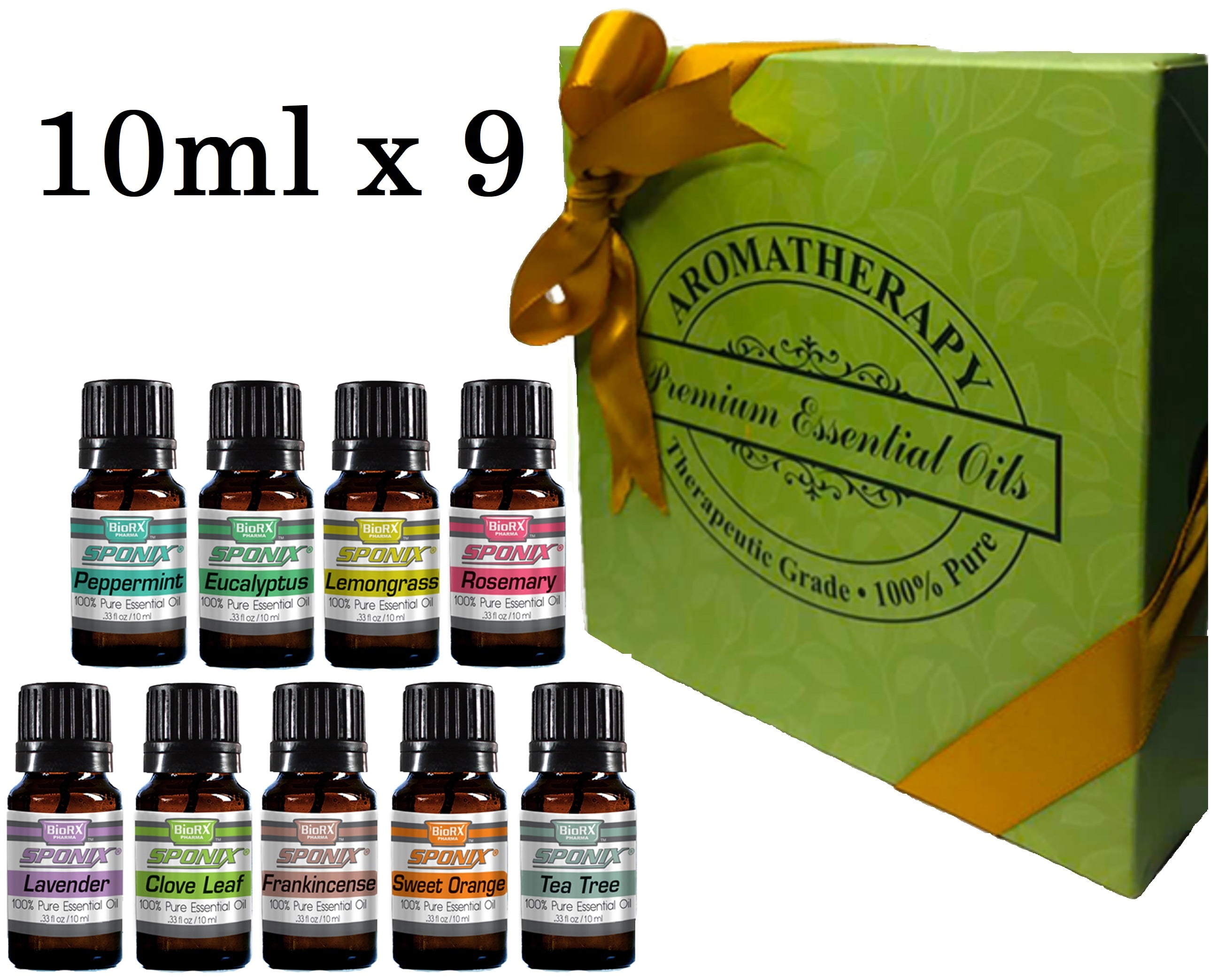 Essential Oil  Gift Set of 9 Aromatic Scented Perfume Oil 9 x 10 mL Peppermint Eucalyptus Lemongrass Rosemary Lavender Clove Leaf Frankincense Sweet Orange Tea Tree by Sponix Made in USA FAST SHIPPING