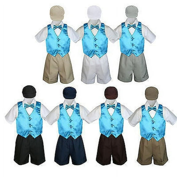 Boy Toddler Formal Turquoise Vest Bow Tie White Black Gray Brown Hat 5pc sz S-4T