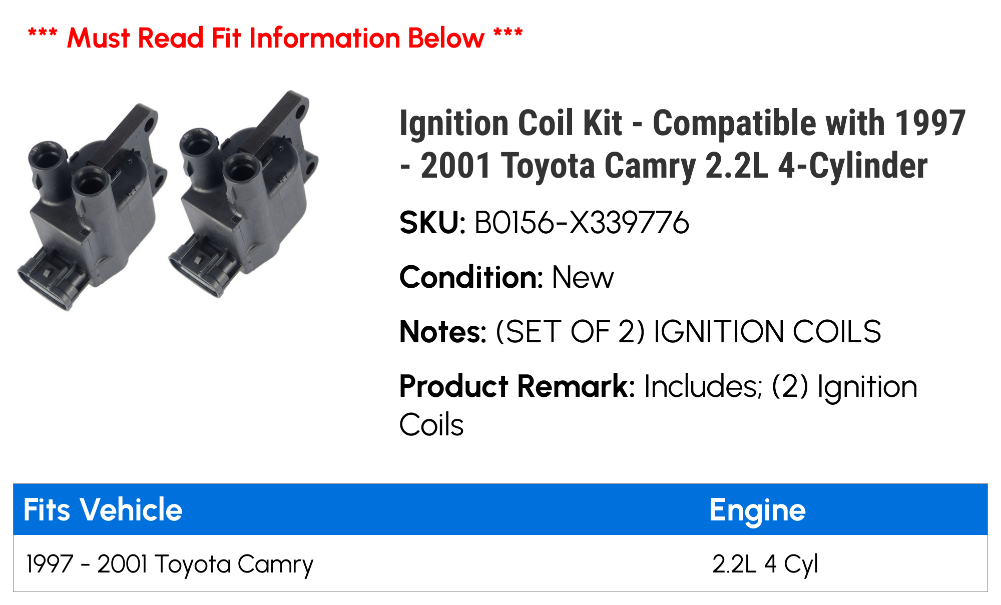 シルバー金具 Replacement Ignition Coil Kit Fits 1997-2001 Toyota Camry L4; 2.2L 