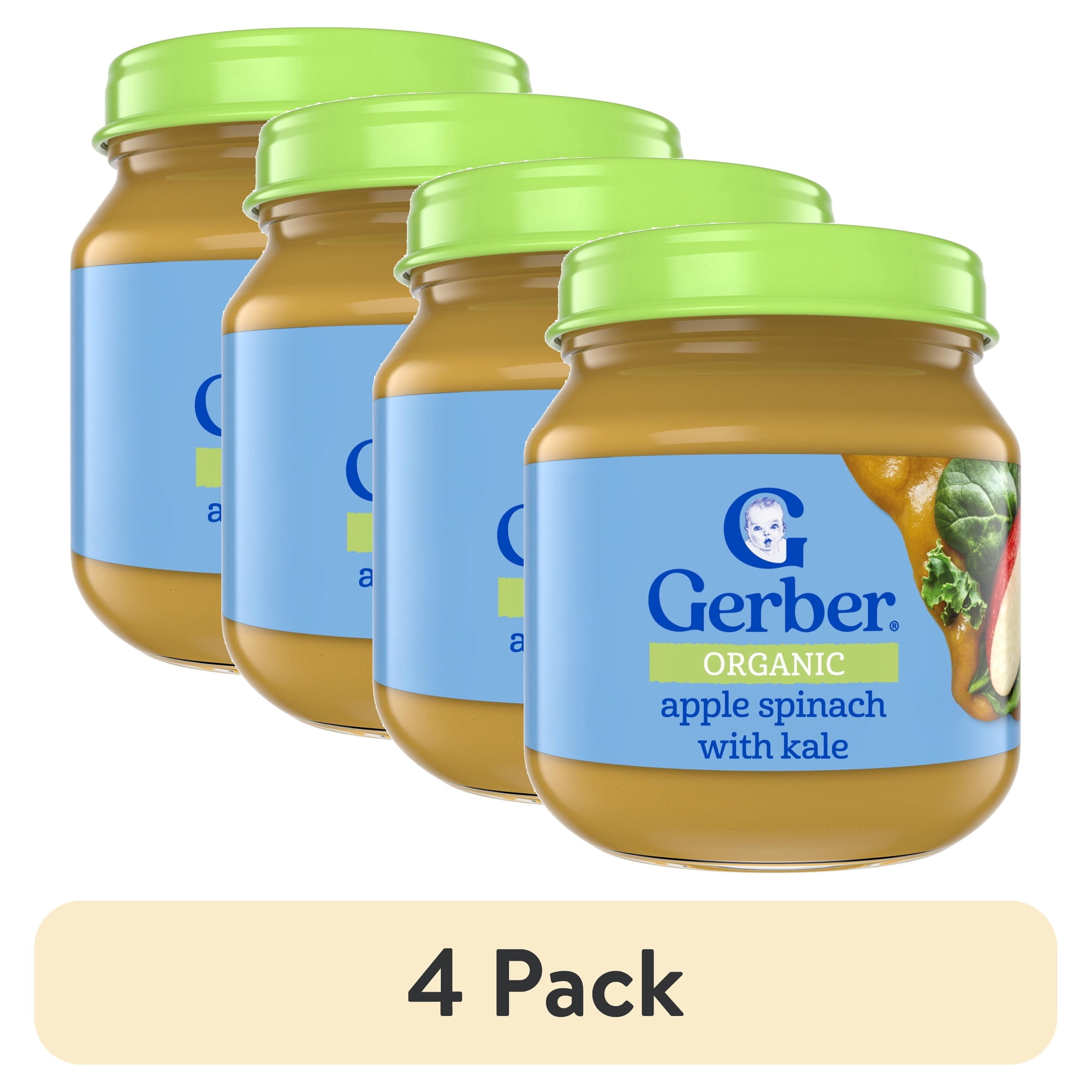 (4 pack) Gerber Organic Stage 2 Baby Food Puree, Apple Spinach Kale, 4 oz Jar