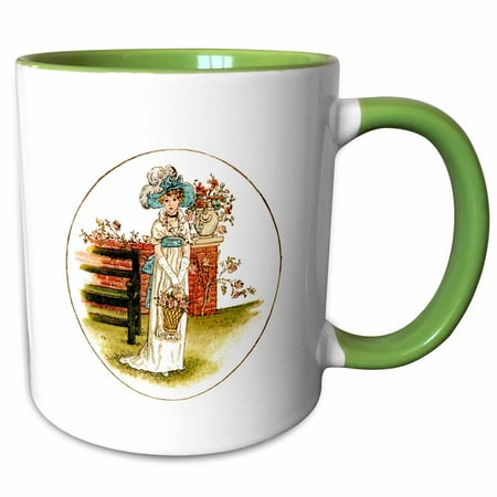 3drose Pretty Kate Greenaway Illustration of a Girl with a Basket of Roses 15oz Two-tone Green Mug