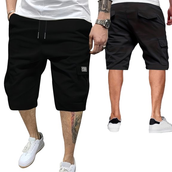 Homeyce 3/4 Length Cargo Shorts for Men Elastic Waist Big and Tall Below Knee Shorts Multi-Pocket Long Blew Knee Capri 3/4 Pants Quick Dry Hiking Summer Casual Capri Pants,Black XL