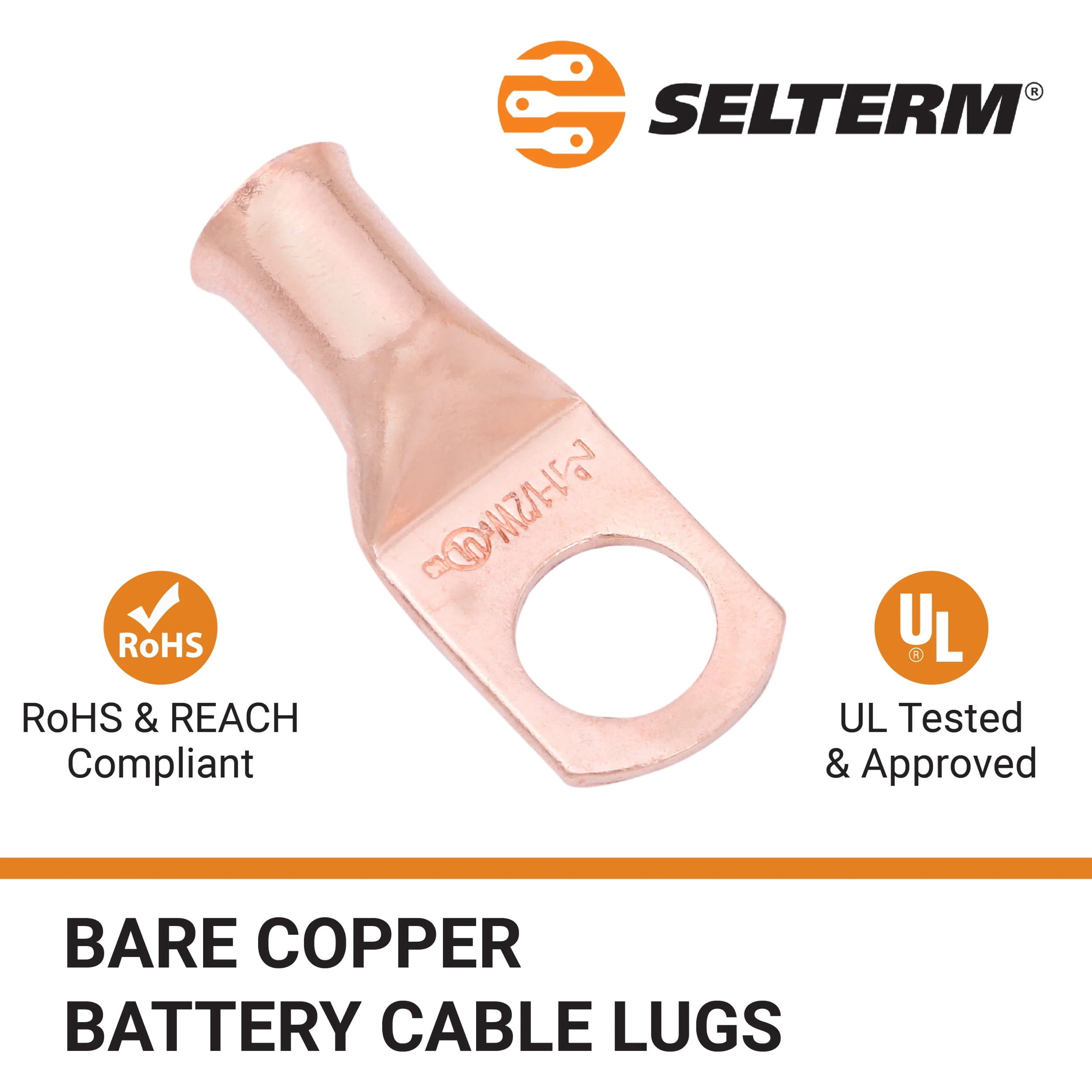 SELTERM 1 AWG 1/2" Ring Battery Cable End Terminal Lugs Bare Copper 25ea