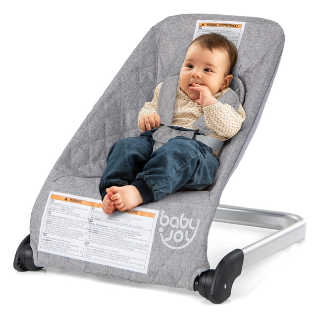 Gymax Folding Infant Bouncer Portable Baby Rocker w/ Breathable Backrest Aluminum Light Gray