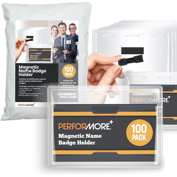 Performore 100 Pack of 4x3 Magnetic Name Badge Holders Clear PVC Horizontal ID Card Tags Kit Waterproof Reusable Plastic Tag