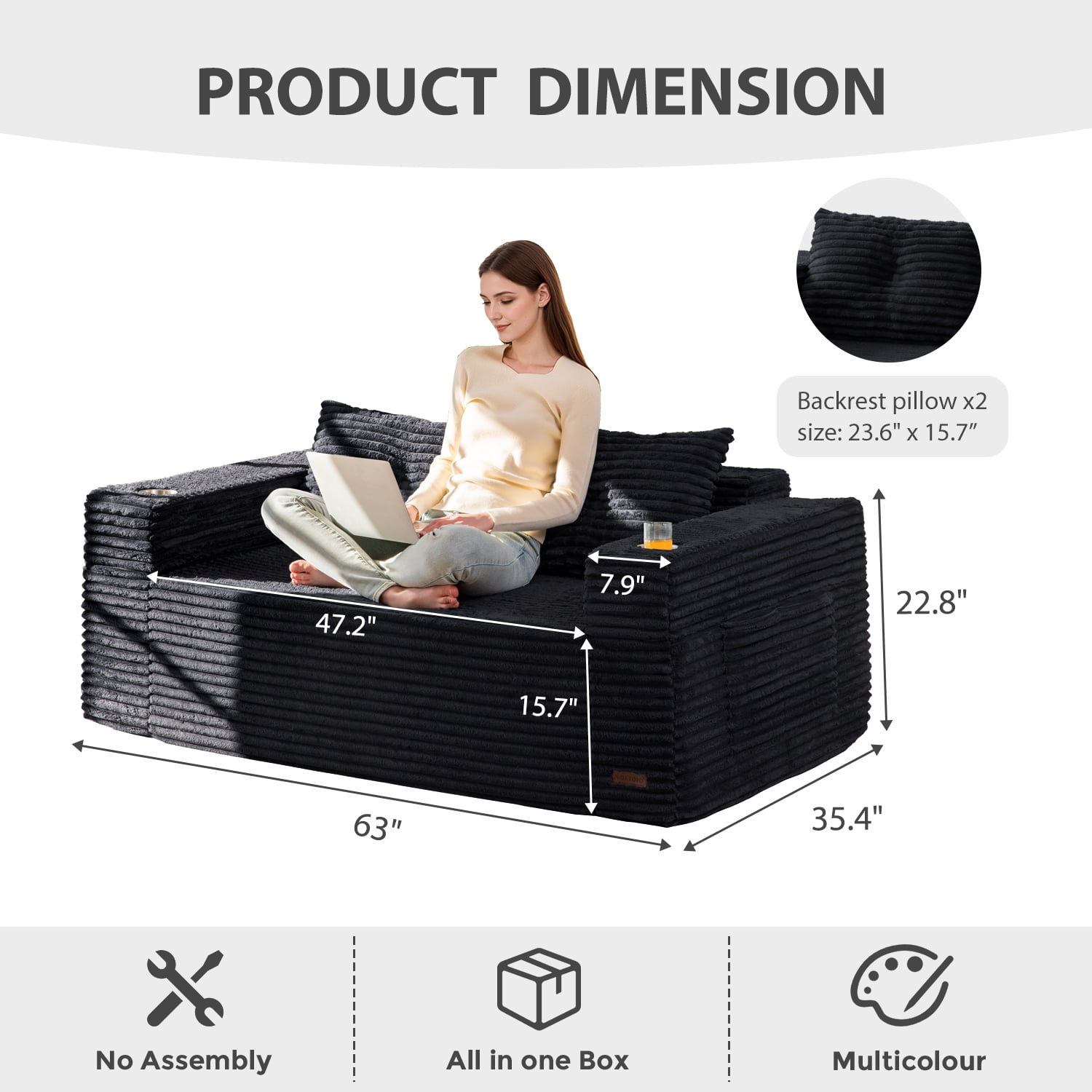 BYBYME 63" Corduroy Cloud Floor Sofa,Modular Comfy Small Cloud Couch for Small Spaces,Boneless Sofa for Living Room,No Assembly,Loveseat,Black