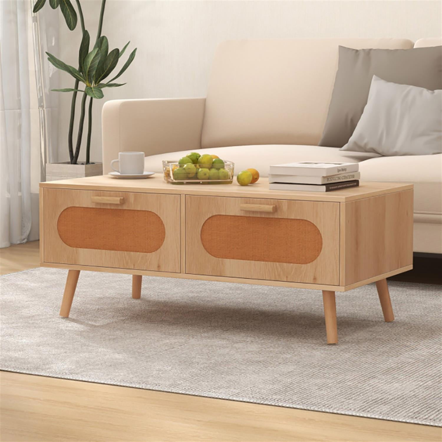 Demi Bonn Modern Rattan Coffee Table, Dining Center Tables with 2 Storage Drawers for Living Room, Bedroom, Office and Balcony, Beige