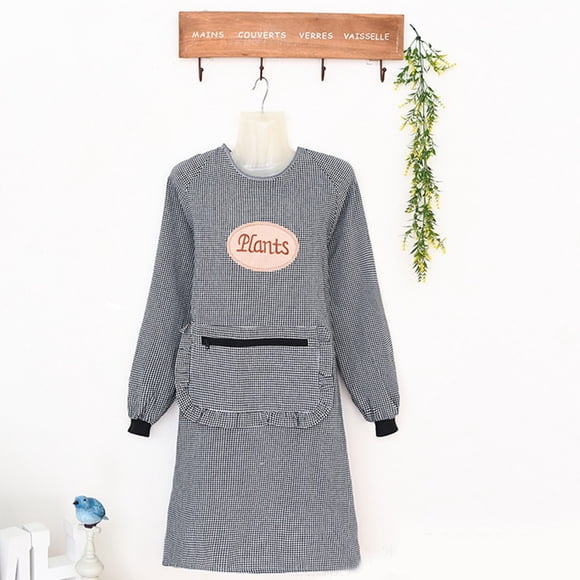 Women Long Sleeve Aprons Oil Proof Cotton Home Kitchen Cooking Clean Apron Pocket