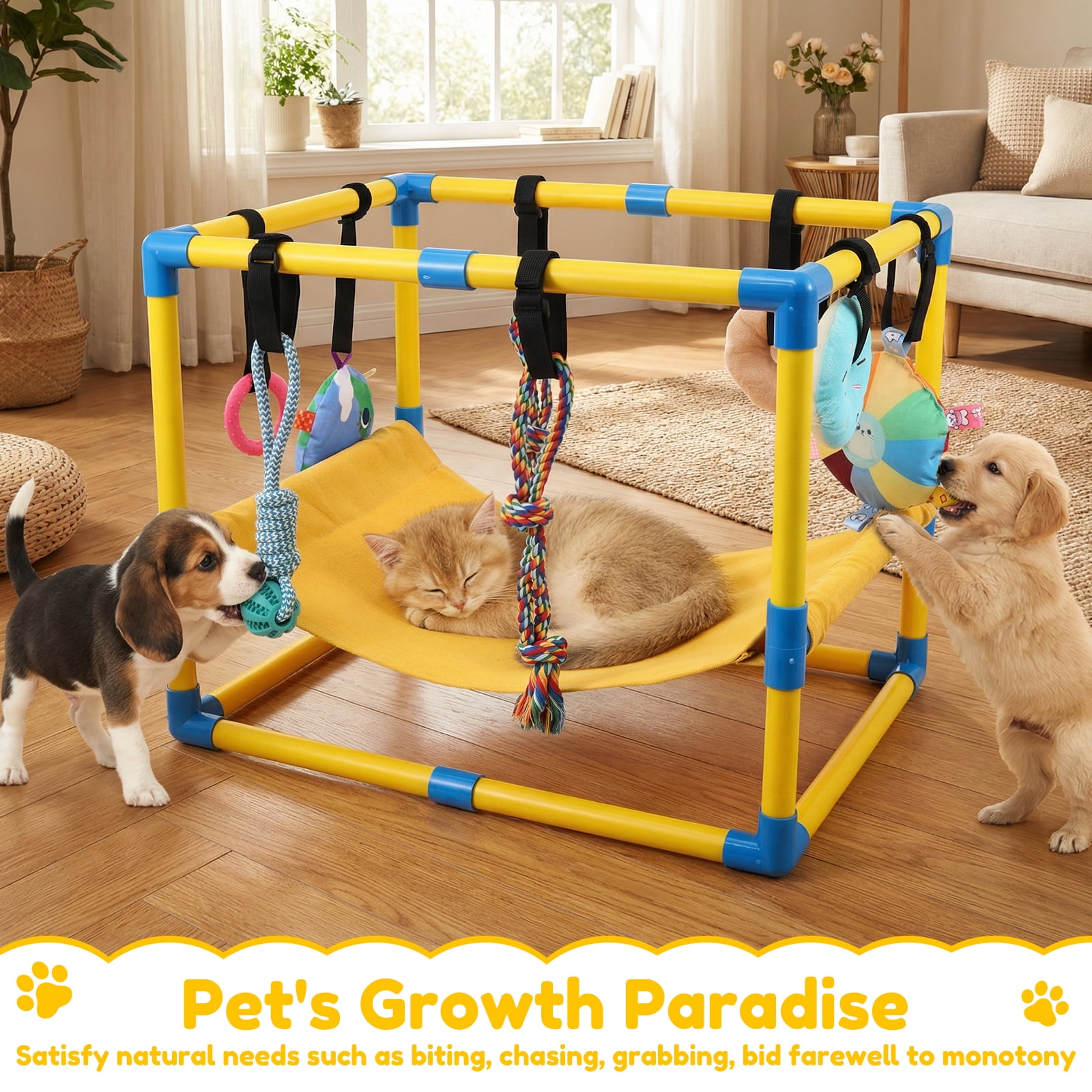 Austok Puppy Play Gym with 8 Toys Jungle Playground Gym for Small Dogs PVC Frame Dog Playground with Hammock for Playing Entertainment