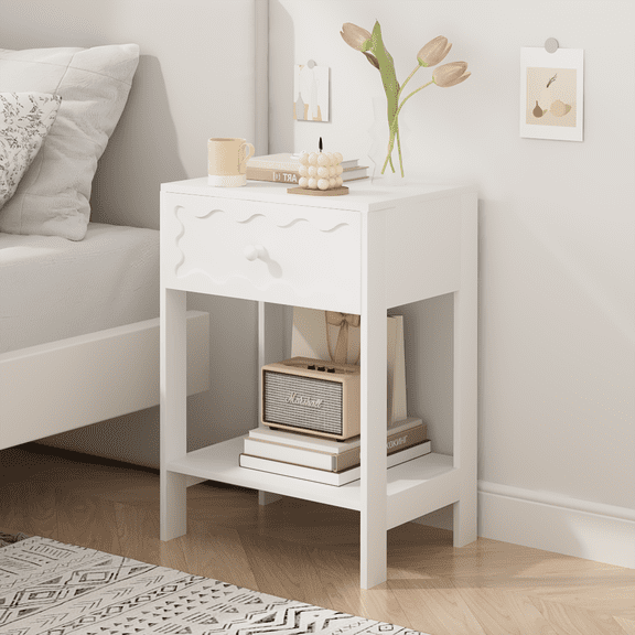 Nightstand with Drawer and Open Shelf,Modern Wave Pattern Solid Wood Bedside Table,End Table for Bedroom,Living Room,Small Spaces,White