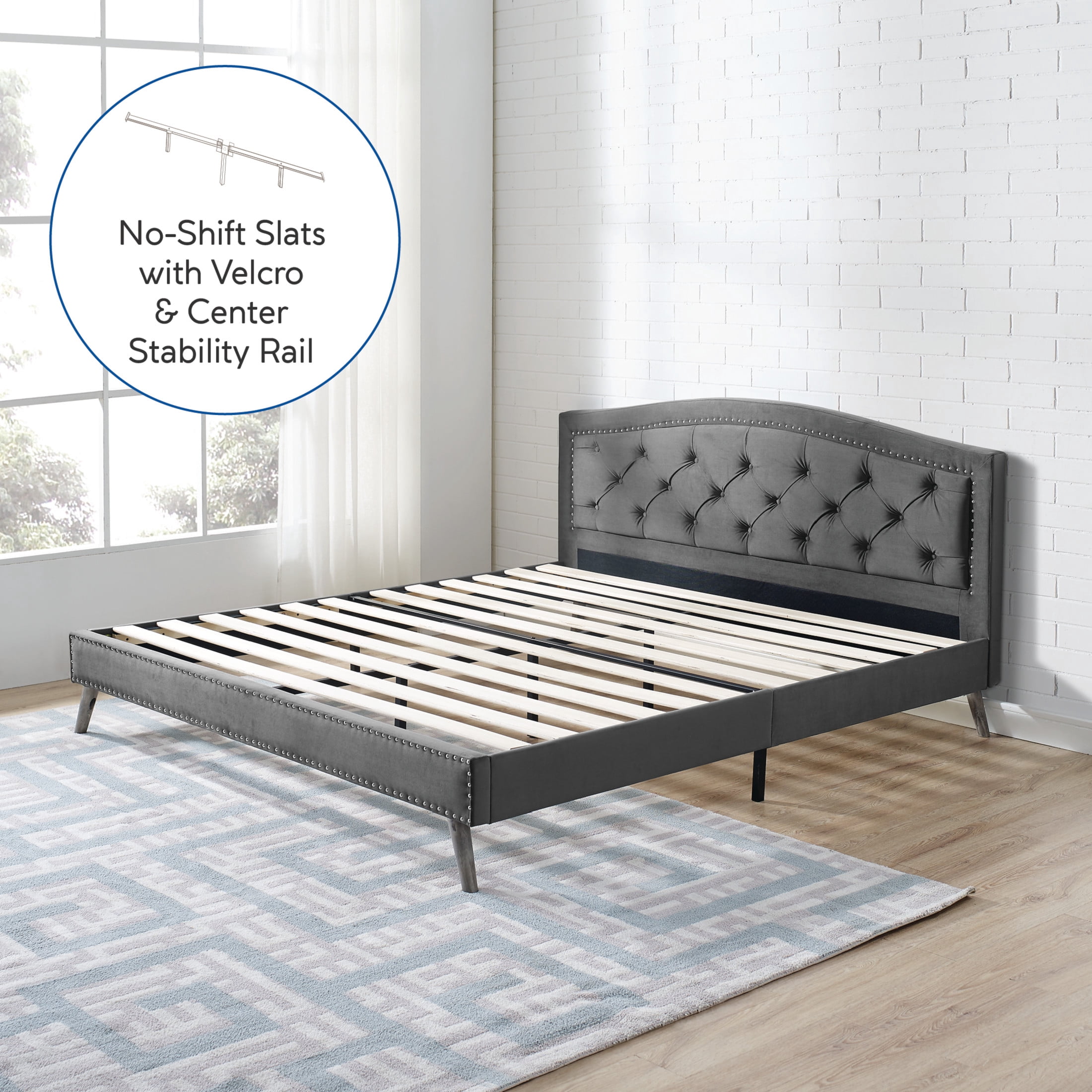 DeCoro Austin Diamond Tufted Upholstered Platform Bed | Headboard and Wood Frame with Wood Slat Support, King, Peyton Slate