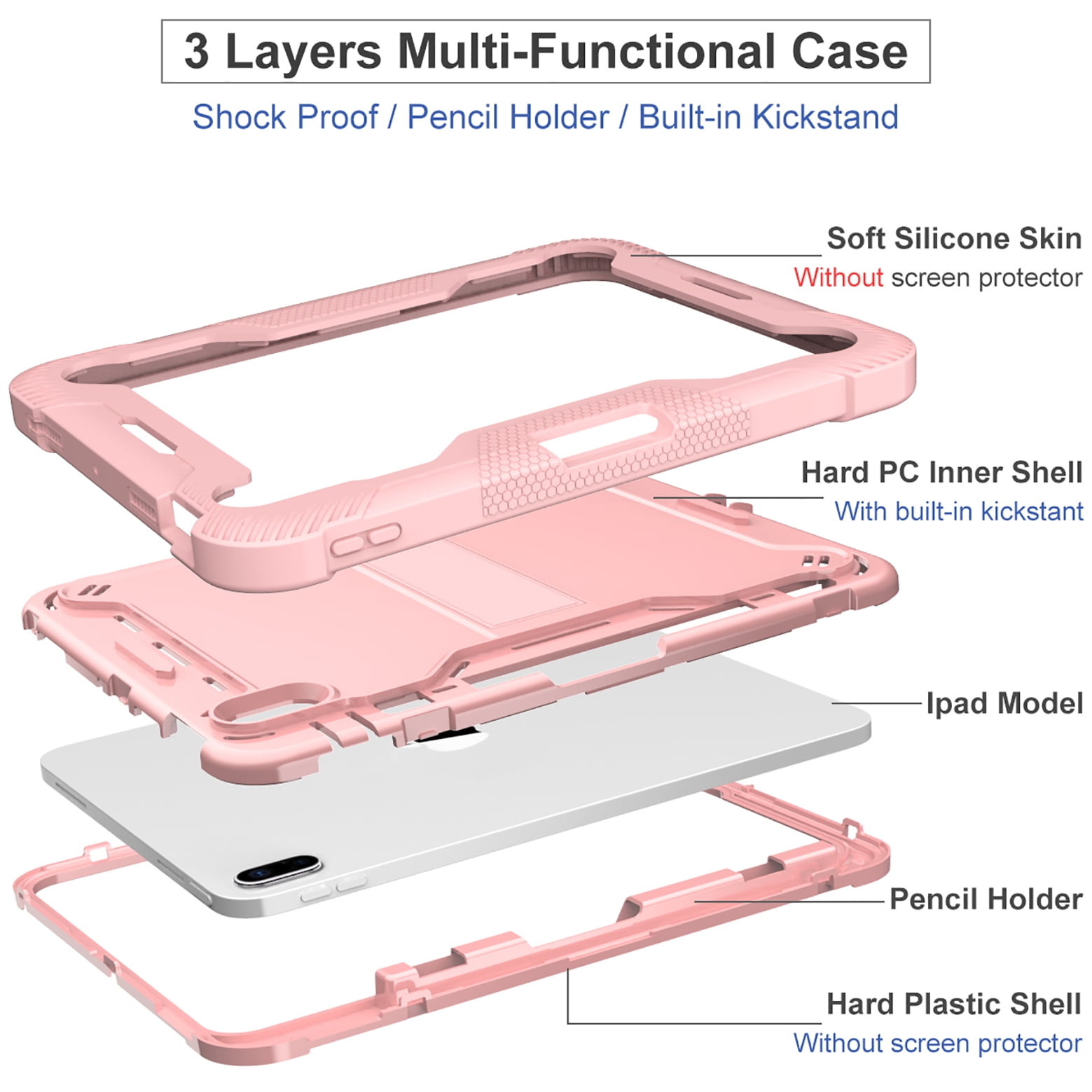Feishell Case for Apple iPad 10th Generation 10.9 inch (2022),Three Layer Protection Shockproof Hybrid Armor Heavy Duty Rugged Kickstand Protective Cover with Built-in Pencil Holder,Rosegold