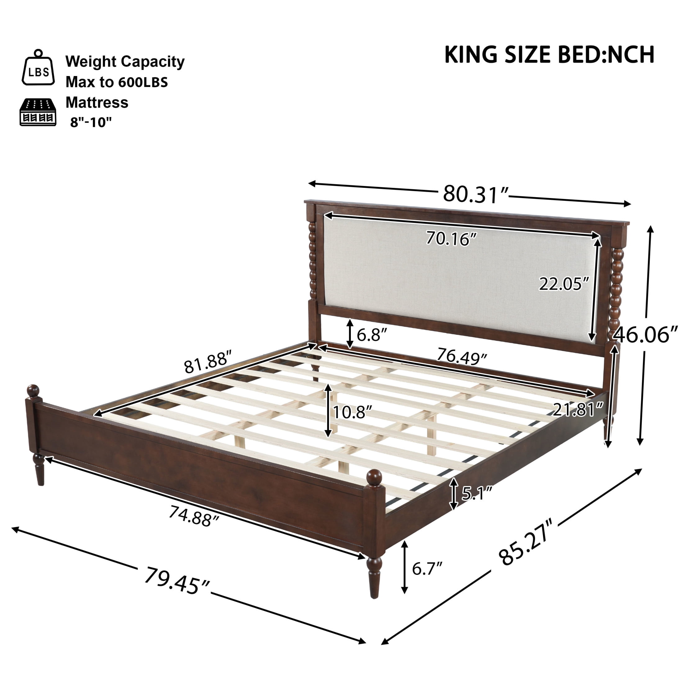 Christopher Knight Home Traditional Wood Bed Frame with Spindle Upholstered Headboard, King Size, Brown