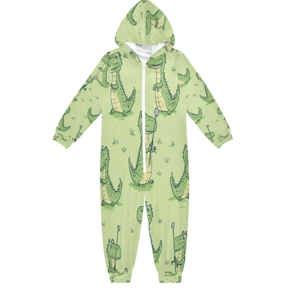 Soft Big Kids Onesie Pajamas Cozy Loose-Fit Jumpsuits for kids with Pockets for Christmas Lounge & Play Cartoon Alligators Playing Golf