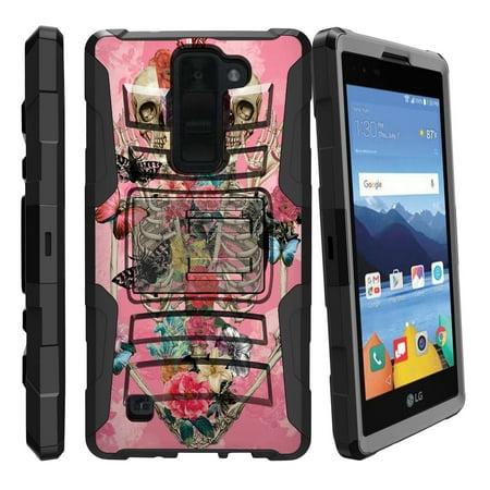 Speed Demons Tiger - LG K8V and VS500 Miniturtle® Clip Armor Dual Layer Case Rugged Exterior with Built in Kickstand + Holster - Rose Flower Skeleton