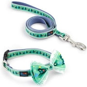 Personalized Dog Cat Collar with Bowtie & Handle Leash Set, Green & Christmas Tree