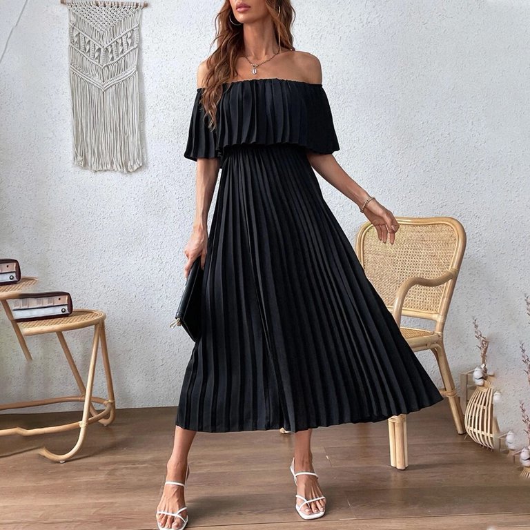 Off shoulder pleated midi dress outlet