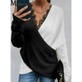 thumbnail image 2 of 2021 Autumn Lace V-Neck Sweater Women Loose Knitting Sweater Oversized Pullover Color Matching Irregular Vintage Sweaters Female, 2 of 5