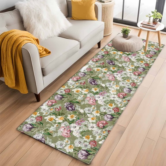 Sage Green Botanical 2'x6' Runner Rugs for Hallway Kitchen Bedside Non Slip, Spring Floral Summer Botanical Vintage Entryway Rug Runners with Rubber Backing, Long Carpet Runner for Laundry Room