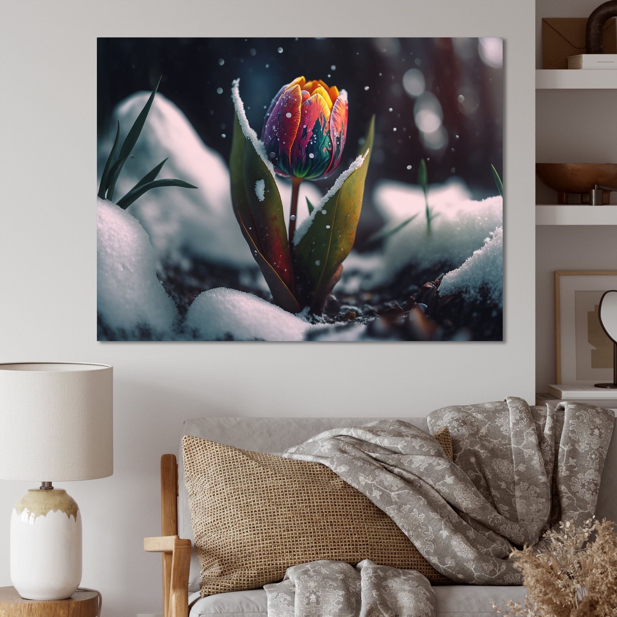 Designart A Blooming Multicolor Tulip Flower In Winter I Canvas Wall Art