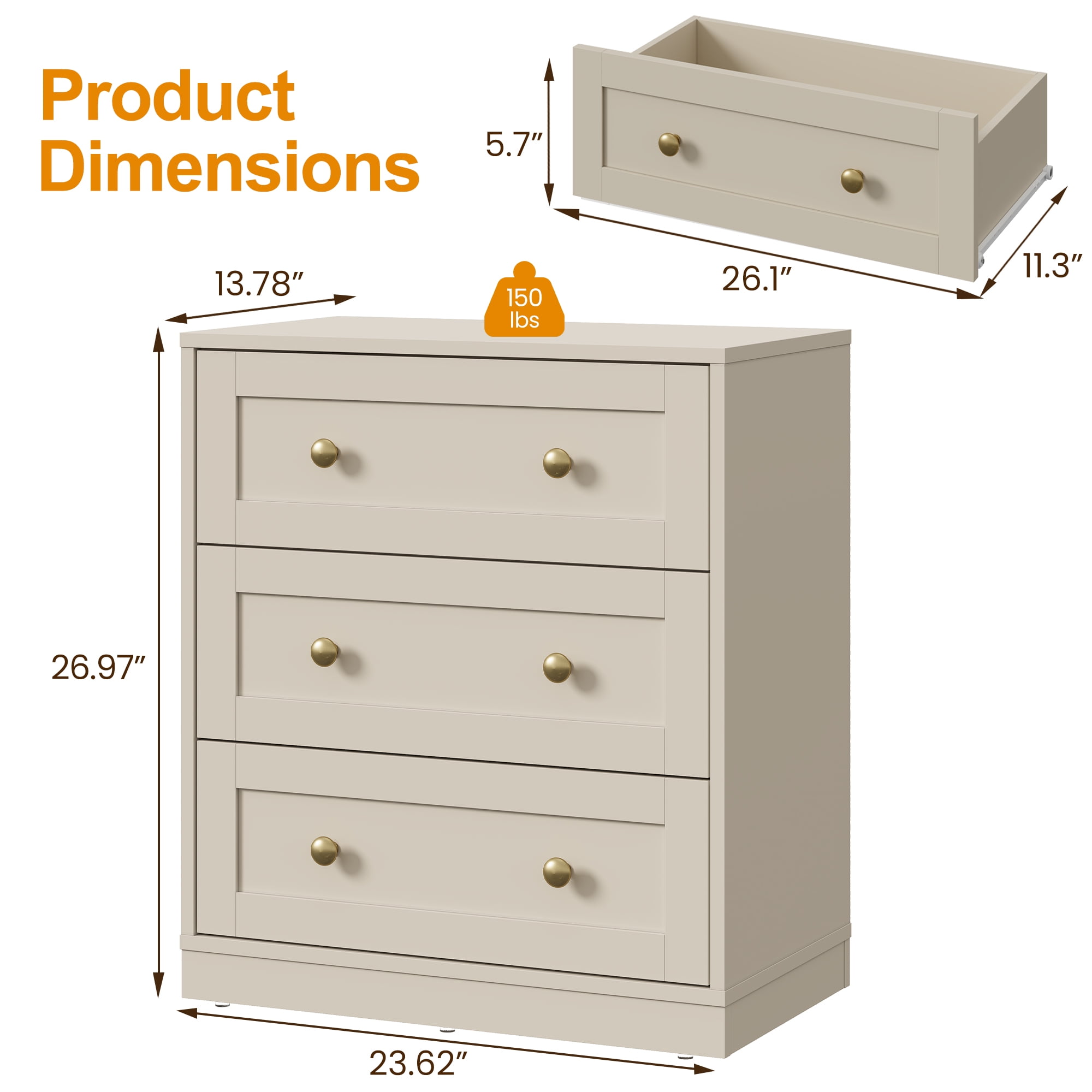 May in Color 3 Drawer Nightstand Set of 2, Modern Wood End Table with Gold Knobs, Beige