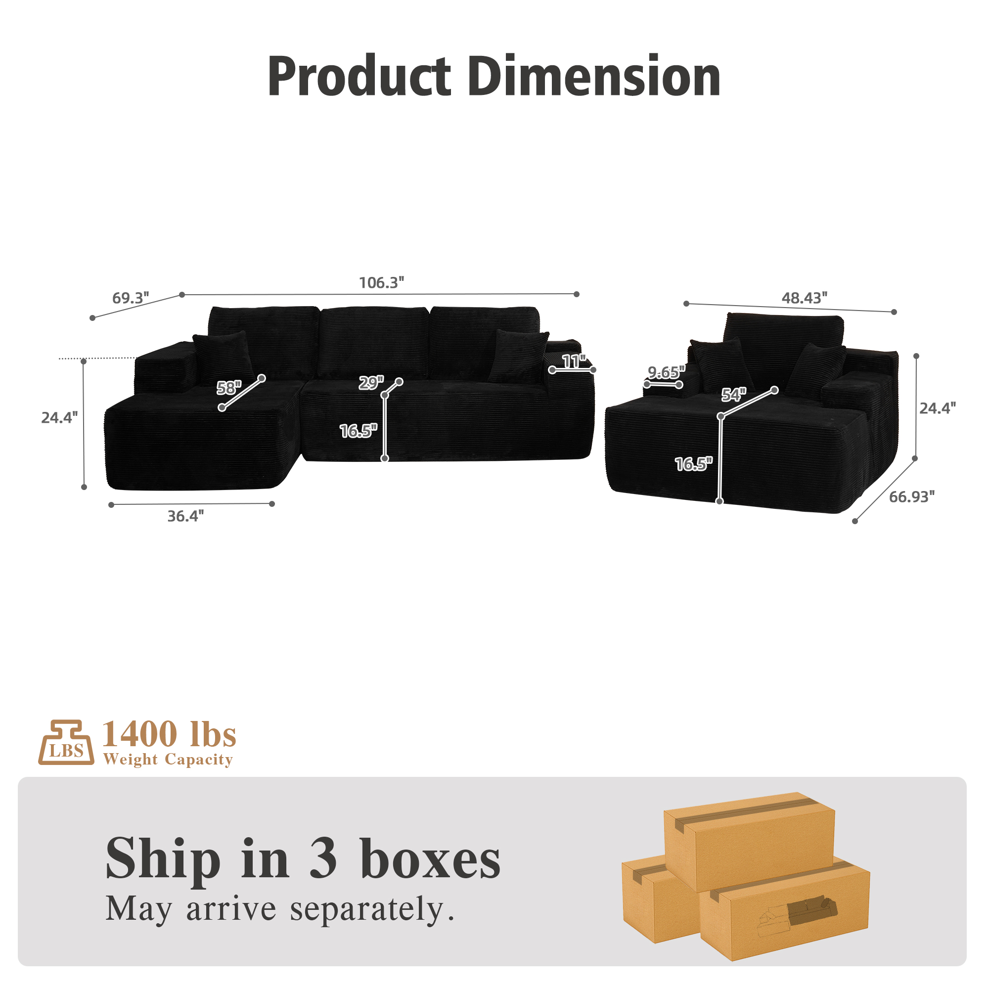 Ovios 106" Modular Cloud Couch Oversized Deep Seat Corduroy Sectional Sofa with Lounge Chair for Living Room, No Assembly, Black
