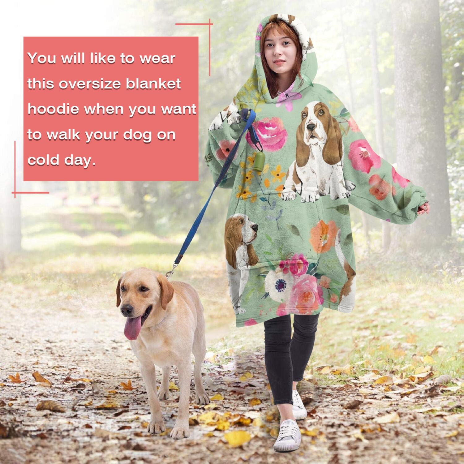 Wearable Oversized Blanket,Basset Hound and Pioneer Flower Wearable Blanket Hoodie for Adults,Cozy Hooded Blankets with Super Pockets,Super Warm Fuzzy Pullover for Women & Men