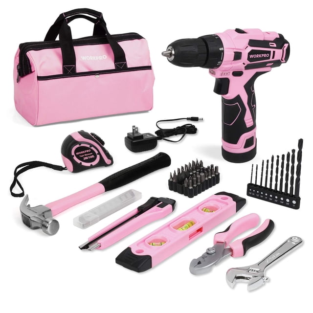 Juego de herramientas WORKPRO 12 V, destornillador inalámbrico rosa, 61 piezas con bolsa