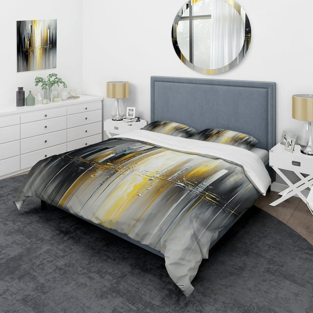 Designart "Black and Yellow Geometric Abstraction II" Animals Bedding Covert Set - Abstract Geometric Black Abstract Bed Set With 1 Sham