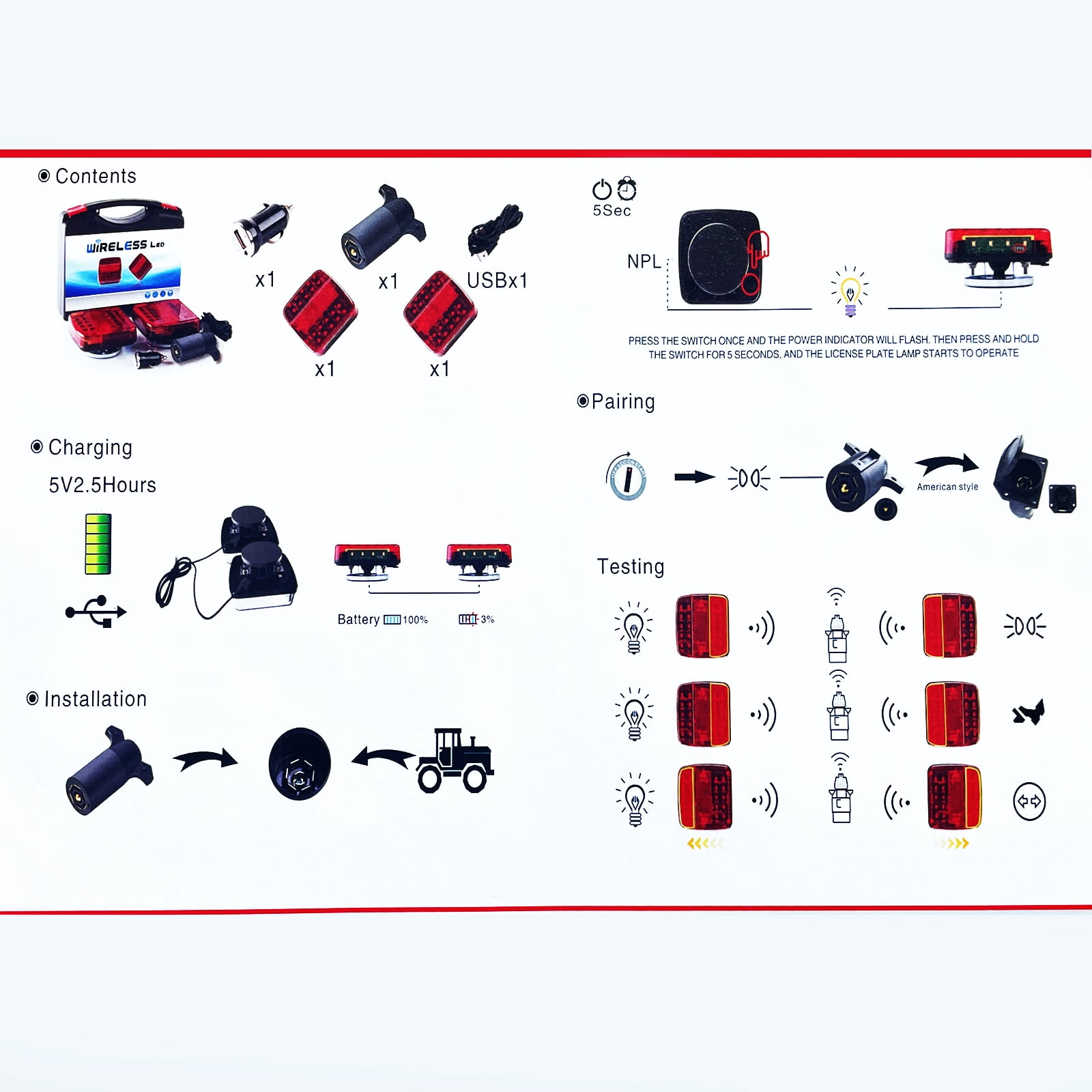 Fazipu Wireless Trailer Lights Magnetic,Wireless Trailer Lights,2025 New Led Wireless Tail Lights for Trailer,Rechargeable Towing Light Kit with Powerful Suction Base for Trucks,Boat,RV,Vehicle