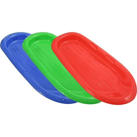 Superio Toboggan Snow Sled for Kids and Adults, Pack of 3 Heavy Duty Plastic Sliders for 2 Riders with Handles and Holes for Pull Ropes- (Ropes Excluded), 48 Inches (Red-Blue-Green)