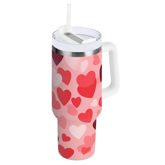 Hearts Tumbler with Handle and Straw Insulated Travel Mug Reusable Stainless Steel Water Bottle 30 oz