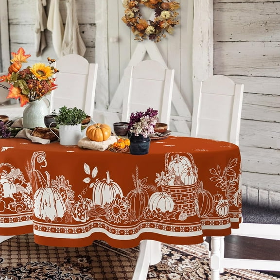 Oval Fall Tablecloth,OrangeThanksgiving Autumn Harvest Pumpkin Sunflower Maple Leaf Table cloth,Polyester Waterproof Wrinkle Resistant Durable Tablecloth for Fall,Thanksgiving,Home Decor 54x72In