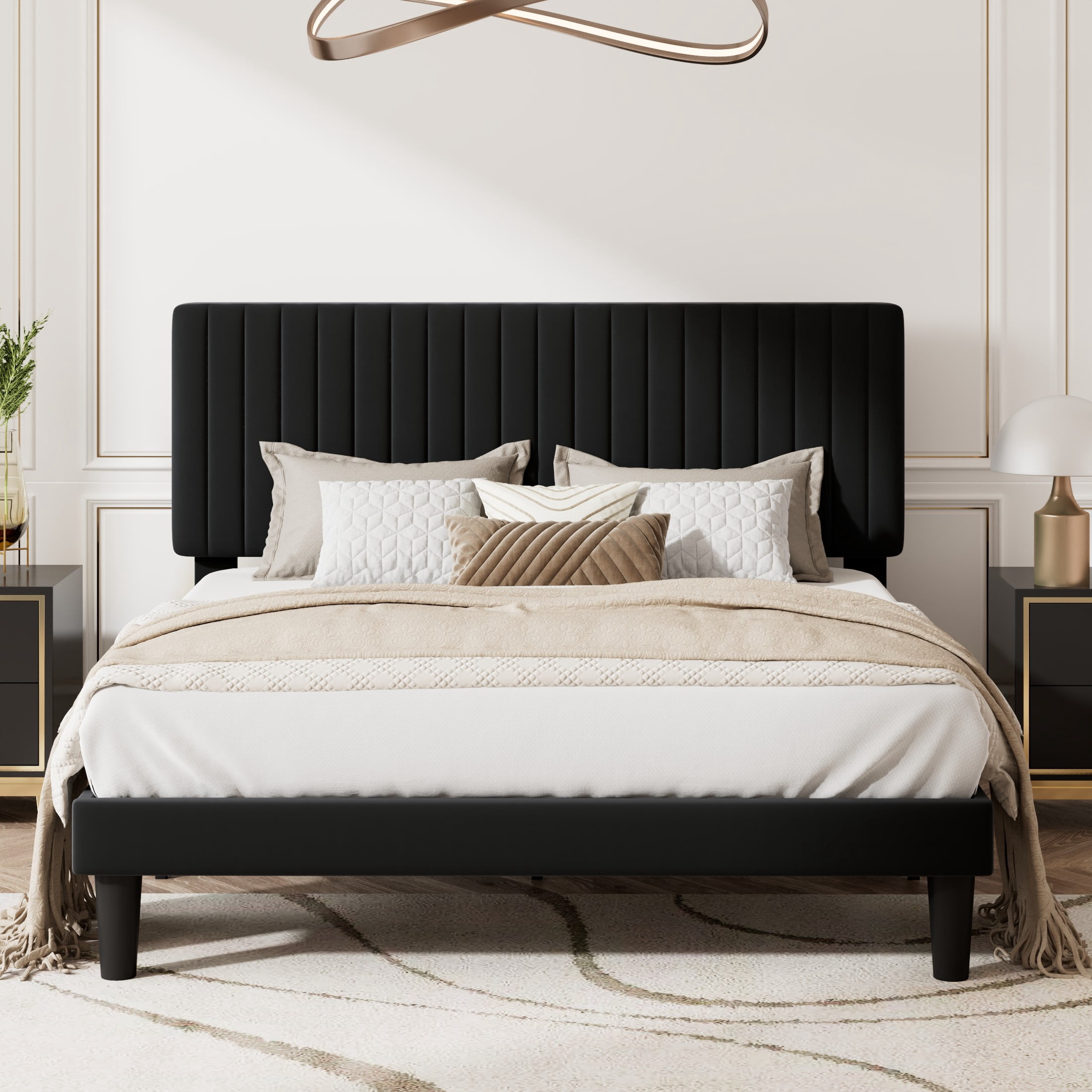 Amolife Queen Size Upholstered Platform Bed Frame with Adjustable Velvet Headboard, Black