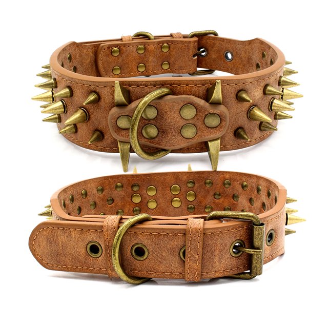 El Potente Collar para Perros con Grandes Tachuelas, Protege el Cuello del Perro de Mordeduras. (Marrón S) - Se adapta a perros medianos y grandes