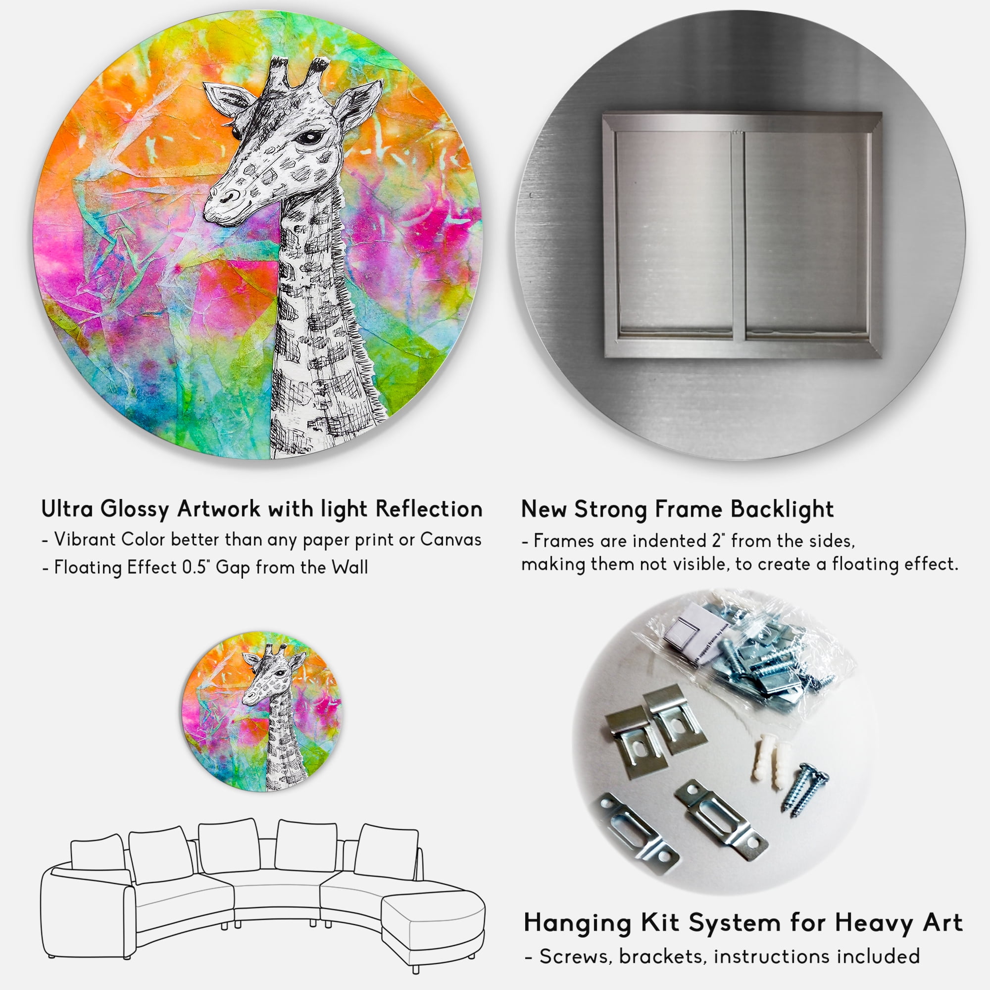 Monochrome Giraffe Drawing On Bright Rainbow 11 in x 11 in Painting Art Prints, by Designart