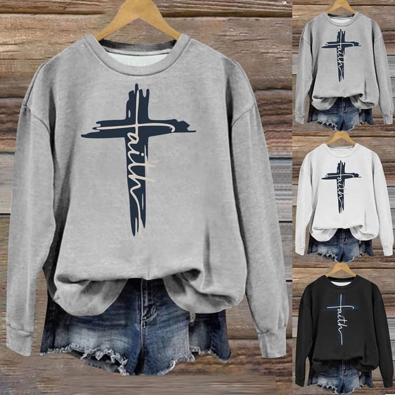 WRKEKC Womens Long Sleeve Tops Casual Easter Cross Print Long Sleeve Crew Neck Pullover Sweatshirt for Women Daily Wear Festive Style